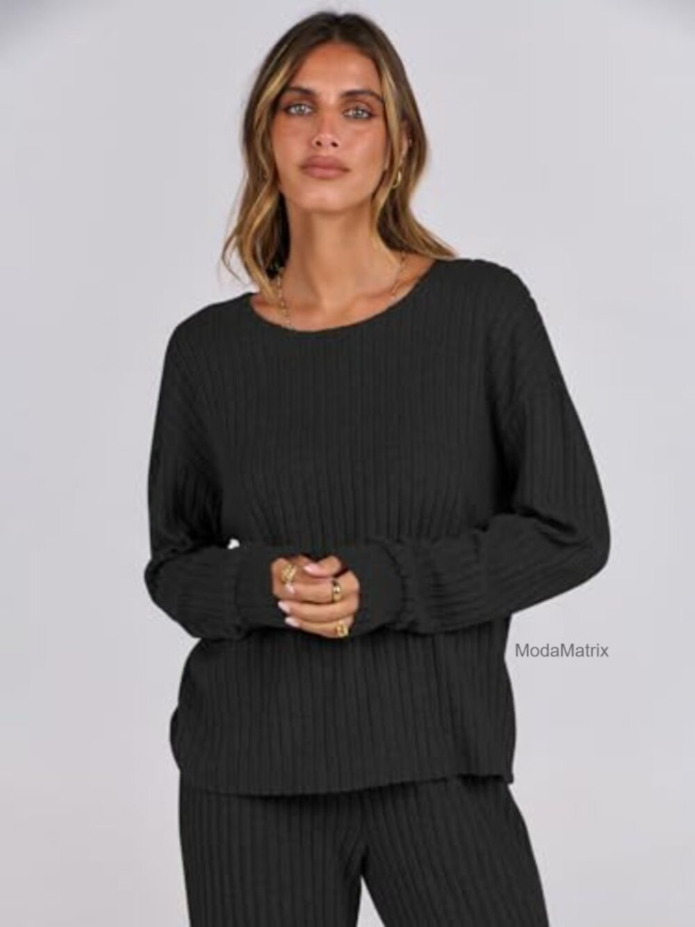 Women's 2-Piece Lounge Pajamas Set, Fleece-Lined Ribbed Knit, Long Sleeve, Wide - Picture 2 of 6